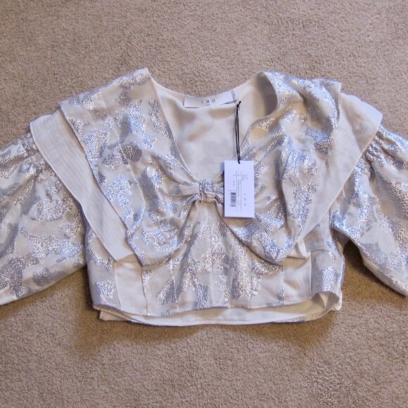 IRO ORTI Gorgeous silver/ecru silk linen cropped COCKTAIL PARTY TOP NWT $595 - Picture 4 of 11
